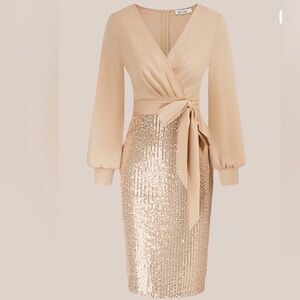 Grace Karin Beige champagne Sequin Wrap Long Sleeve Dress, Medium